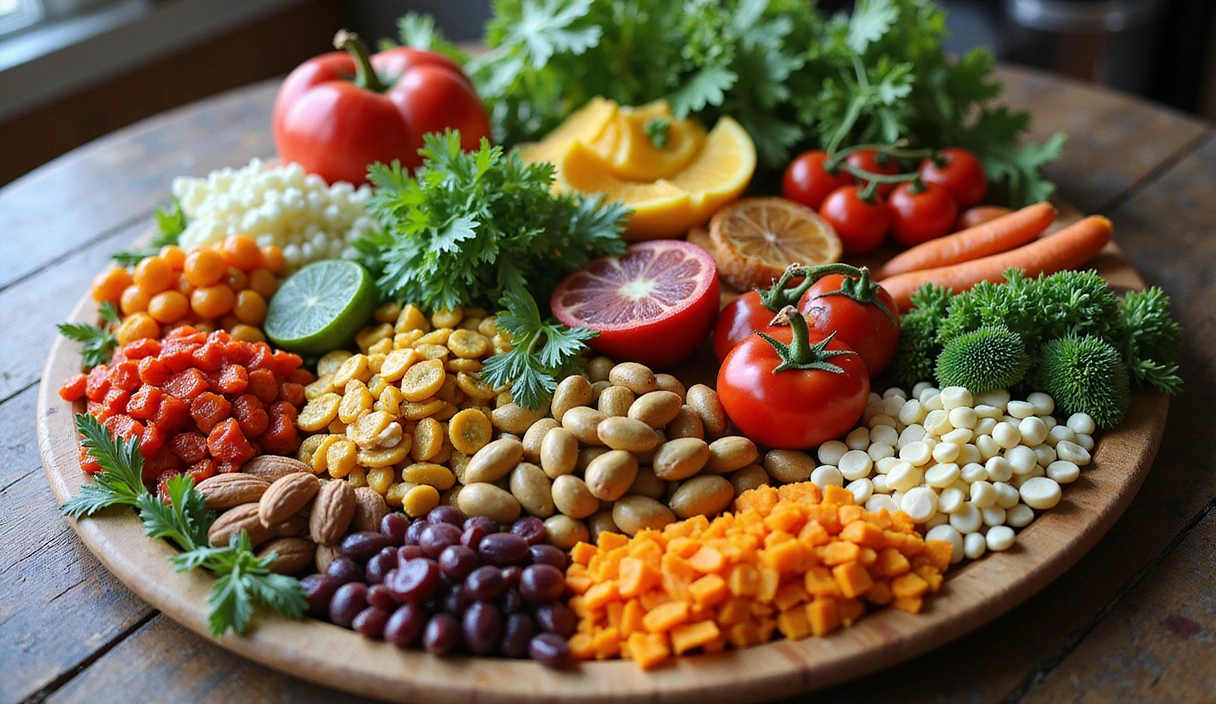 Frische pflanzliche Lebensmittel und Gemüse auf einem Küchentisch