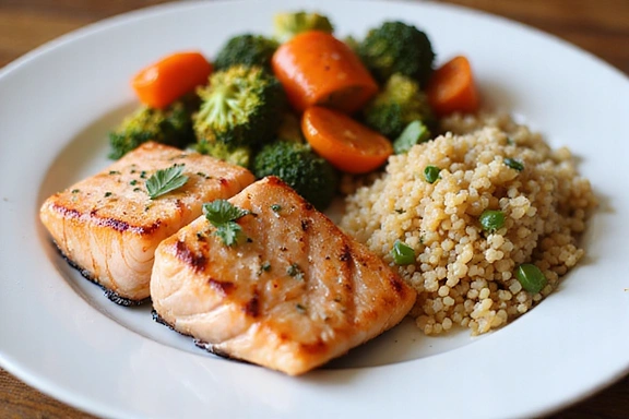 Ein Teller mit einer farbenfrohen, gesunden Mahlzeit, die den Ernährungsplan widerspiegelt.